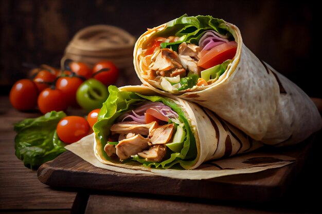 Panino fresco sul tagliere con pomodori sani AI generativo