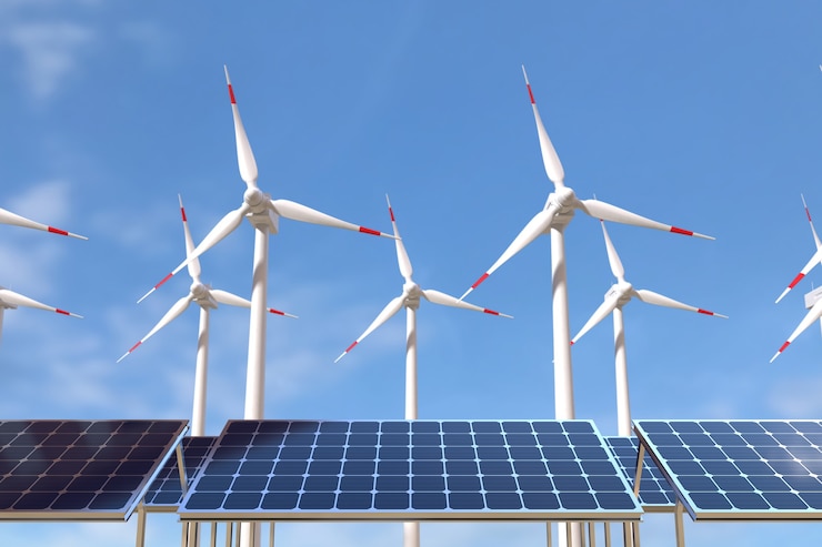 Pannelli solari e turbine eoliche Concetto di energia verde