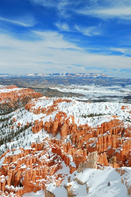 Panorama del canyon di Bryce con neve in inverno con rocce rosse e cielo blu.