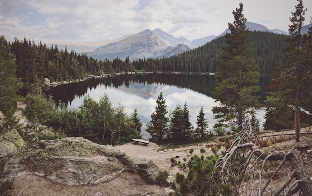 Panoramica di un grande stagno circondato dagli alberi con una montagna nei precedenti