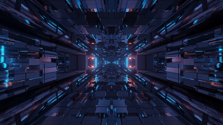 Foto gratuito passaggio futuristico del tunnel spaziale fantascientifico con luci brillanti
