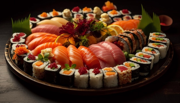 Pasto di pesce gourmet fresco sashimi maki sushi e piatto di nigiri generato dall'intelligenza artificiale