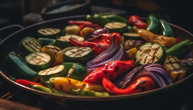 Pasto vegetariano alla griglia con melanzane e peperoni generati dall'IA