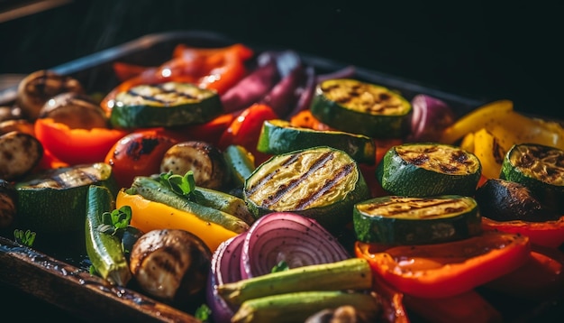 Pasto vegetariano alla griglia con melanzane fresche e pomodoro generato dall'IA