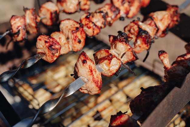 Patate e carne alla griglia. fuoco e calore. cucinare in natura.