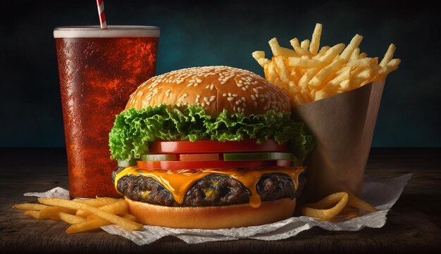 Patatine fritte e hamburger nel ristorante fast food AI generativo