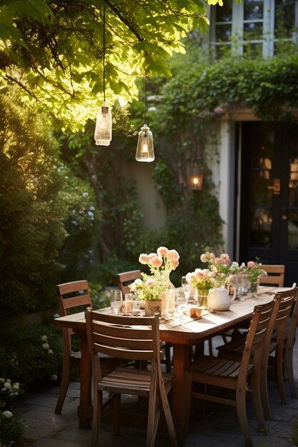 Patio rustico con mobili da giardino e vegetazione