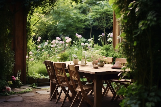 Patio rustico con mobili da giardino e vegetazione