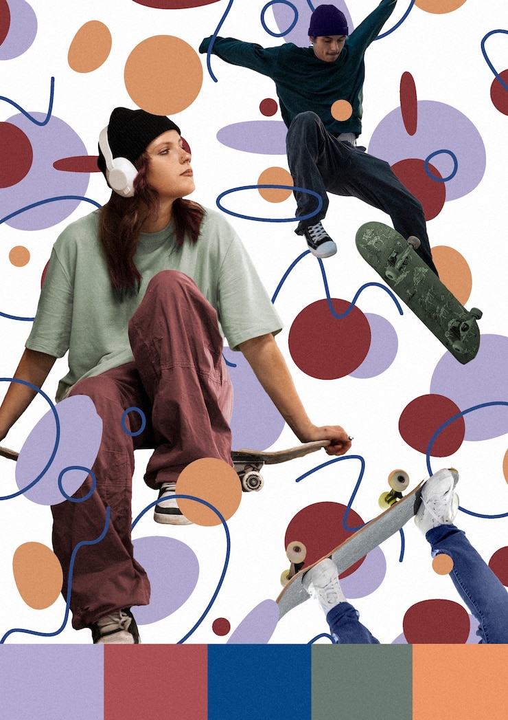 Foto gratuito pattinatrici full shot con forme geometriche