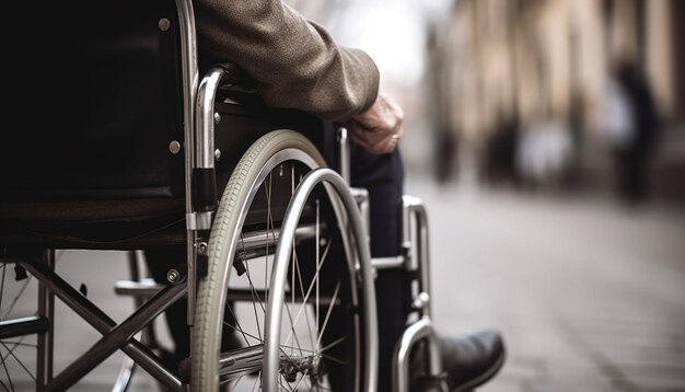 Paziente paraplegico seduto su una sedia a rotelle che riceve cure generate dall'IA