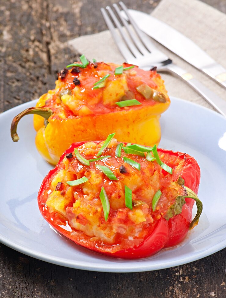 Foto gratuito peperoni ripieni di patate e chorizo
