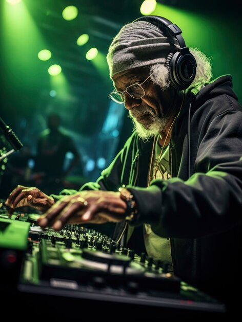 Persona anziana che fa il DJ al club