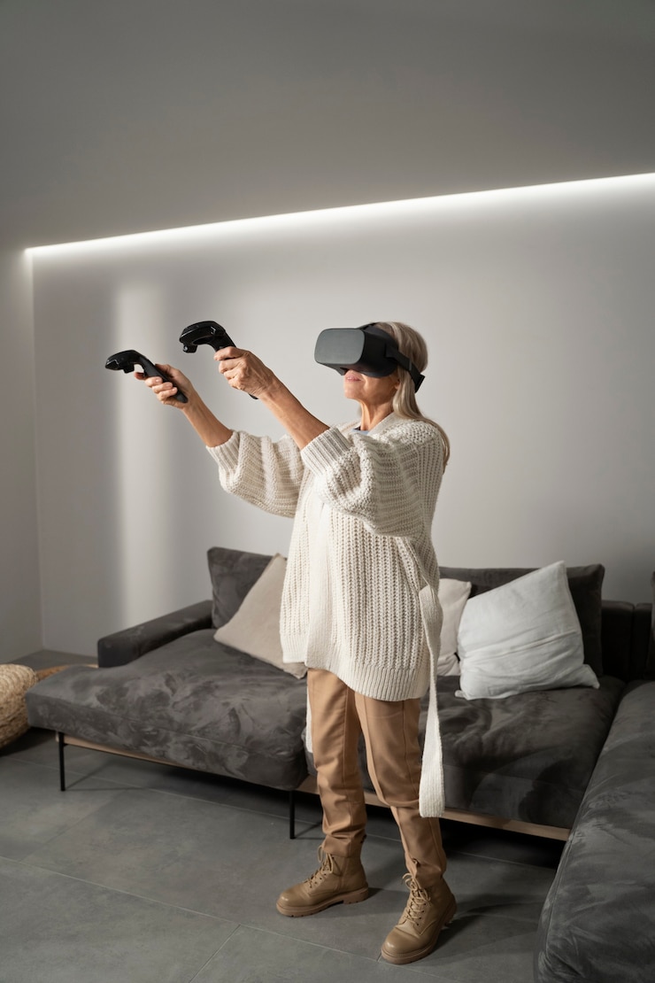 Foto gratuito persona anziana che utilizza il set vr per l'immersione nel gioco