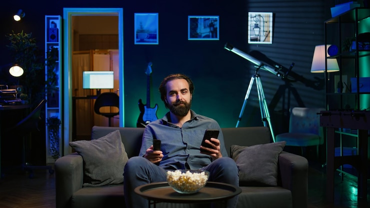 Foto gratuito persona che guarda la tv che manda un messaggio a un amico sul cellulare con il telecomando in mano