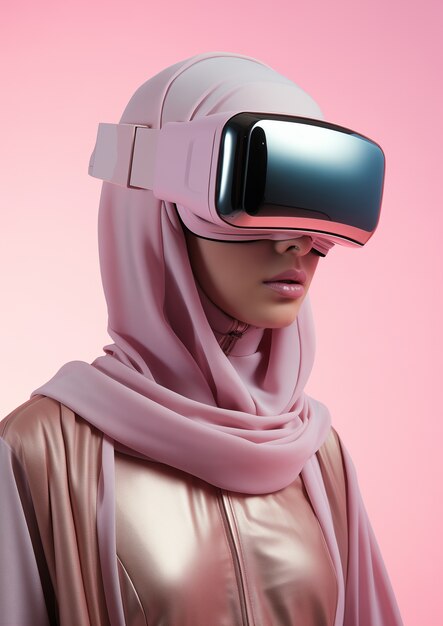 Persona che indossa occhiali di realtà virtuale di alta tecnologia futuristica