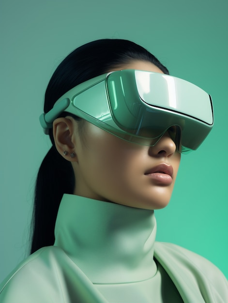 Persona che indossa occhiali di realtà virtuale di alta tecnologia futuristica