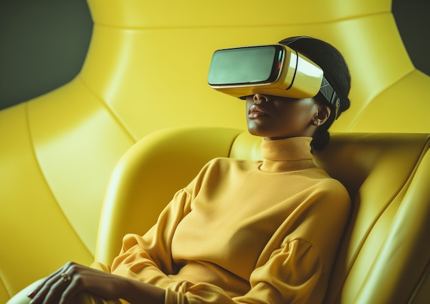 Persona che indossa occhiali di realtà virtuale di alta tecnologia futuristica