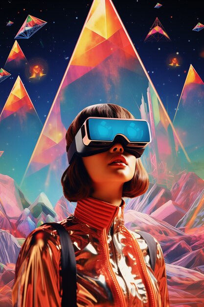 Persona che indossa occhiali di realtà virtuale di alta tecnologia futuristica
