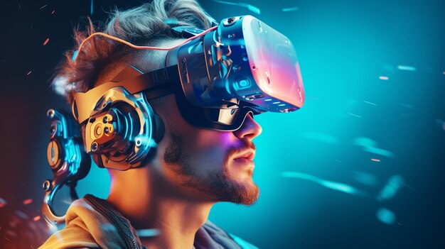 Persona che indossa occhiali di realtà virtuale futuristici per i giochi