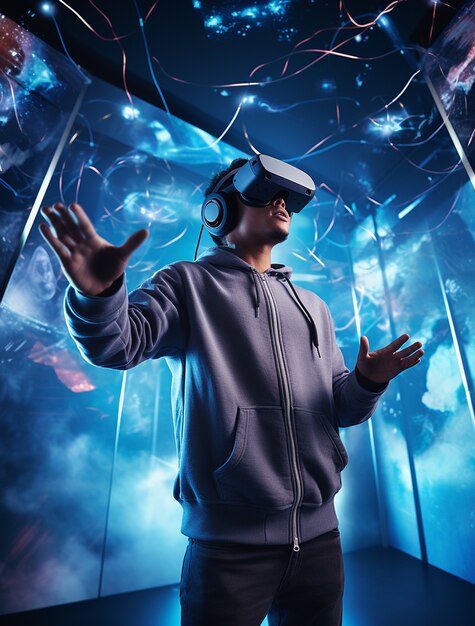 Persona che indossa occhiali di realtà virtuale futuristici per i giochi