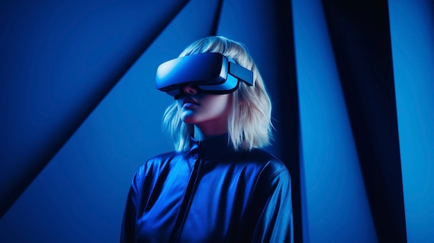 Persona che indossa occhiali VR ad alta tecnologia mentre è circondata da colori neon blu brillante.