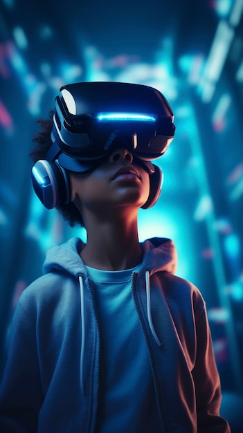 Persona che indossa occhiali VR ad alta tecnologia mentre è circondata da colori neon blu brillante.