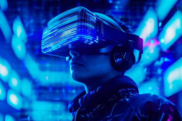 Persona che indossa occhiali VR ad alta tecnologia mentre è circondata da colori neon blu brillante.