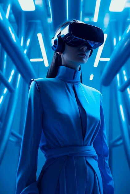 Persona che indossa occhiali VR ad alta tecnologia mentre è circondata da colori neon blu brillante.