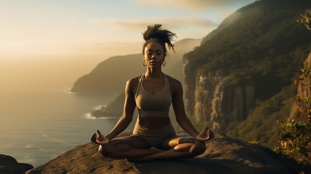 Persona che pratica la meditazione yoga all'aperto nella natura