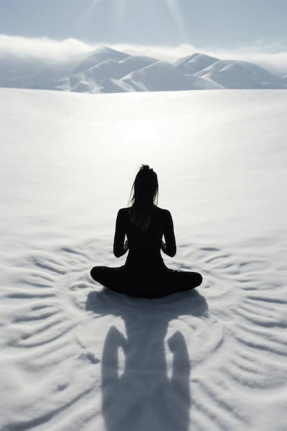 Persona che pratica la meditazione yoga durante l'inverno con la neve