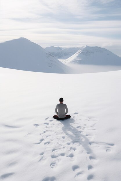 Persona che pratica la meditazione yoga durante l'inverno con la neve