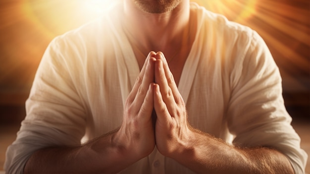 Persona che pratica la meditazione yoga in ambienti chiusi con la luce del sole che filtra