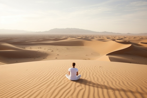 Persona che pratica la meditazione yoga nel deserto