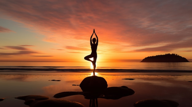 Persona che pratica la meditazione yoga nella natura al tramonto o all'alba