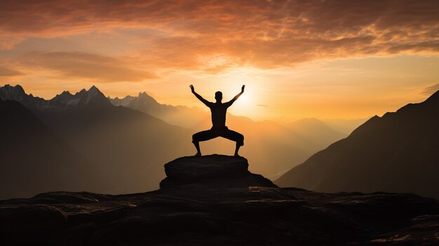 Persona che pratica la meditazione yoga nella natura al tramonto o all'alba