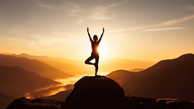 Persona che pratica la meditazione yoga nella natura al tramonto o all'alba