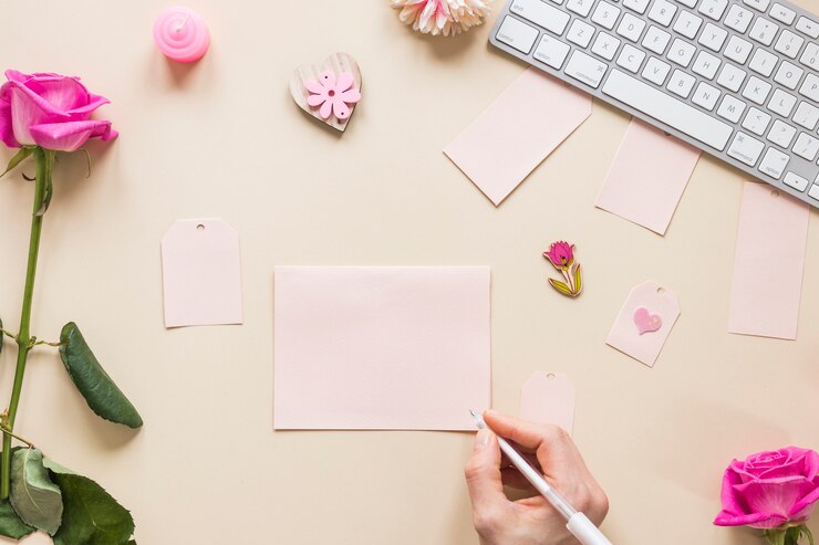 Foto gratuito persona che scrive su carta al tavolo con le rose