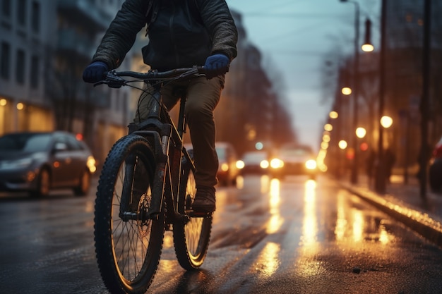 Persona che va in bicicletta in città al crepuscolo