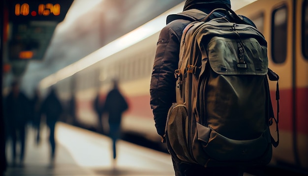 Persona con borsa da viaggio nella stazione della metropolitana IA generativa