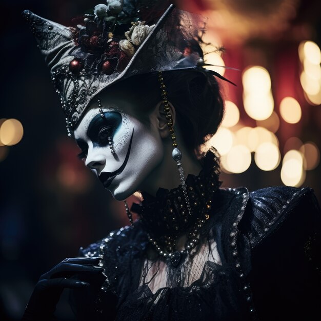 Persona con costume e trucco in stile gotico che interpreta un dramma per la Giornata Mondiale del Teatro