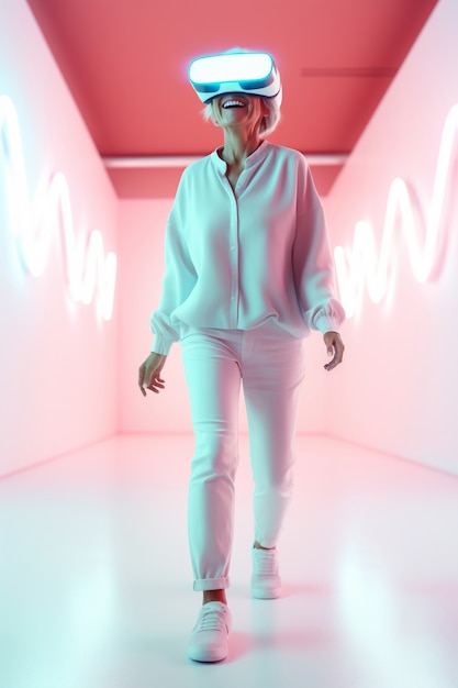 Persona con occhiali VR nella stanza al neon