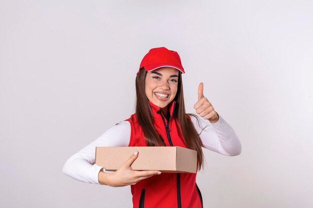 Persona di consegna che consegna pacchi in possesso di appunti e pacchetto sorridente felice in uniforme rossa Bella giovane donna che indossa maschera medica e guanti corriere professionale isolato su sfondo bianco