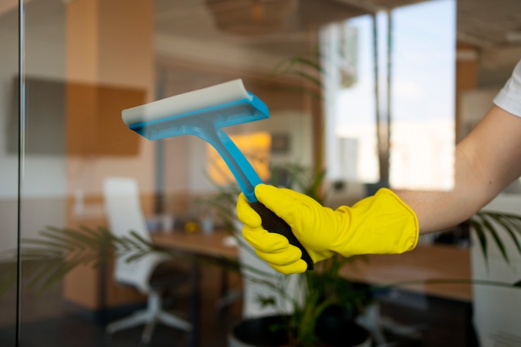 Foto gratuito persona di servizio di pulizia professionale che pulisce la finestra dell'ufficio