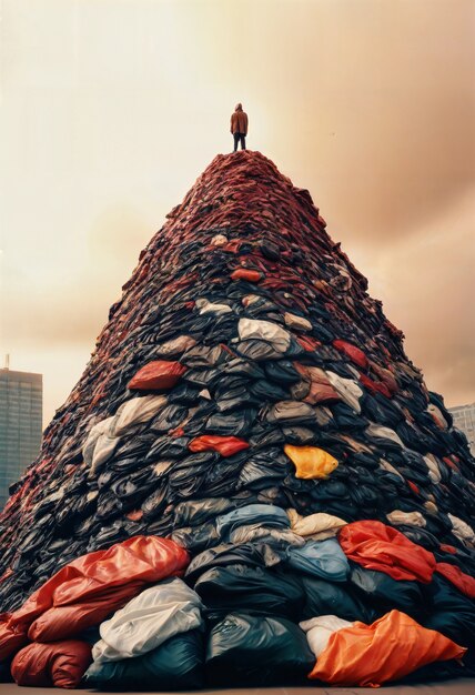 Persona in cima alla torre della spazzatura