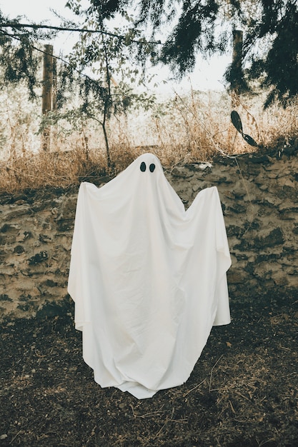 Persona in costume da fantasma in piedi nella foresta con le mani in alto