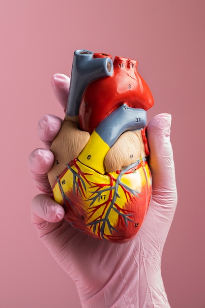 Persona in possesso di un modello di cuore anatomico a scopo educativo