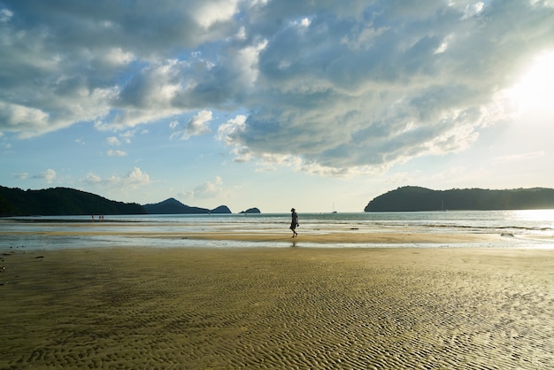 Persona nel bel mezzo di una spiaggia deserta