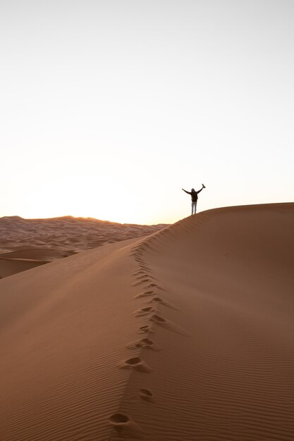 Persona sola in piedi in cima a una duna di sabbia in un deserto al tramonto