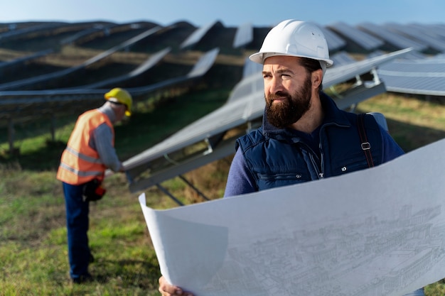 Persona vicino a un impianto di energia alternativa