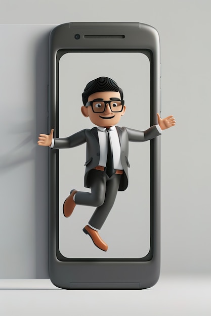 Personaggio 3D che emerge da uno smartphone